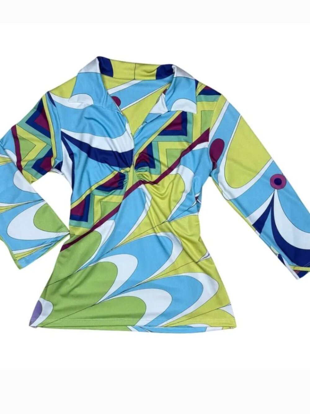 Michelle Parisou 90s Groovy Retro Green Blue Collared Top Medium